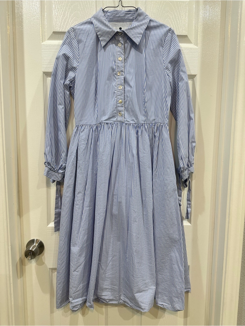 Dainty Jewells Blue and White Pinstripe Long Sleeve Shirt Dress